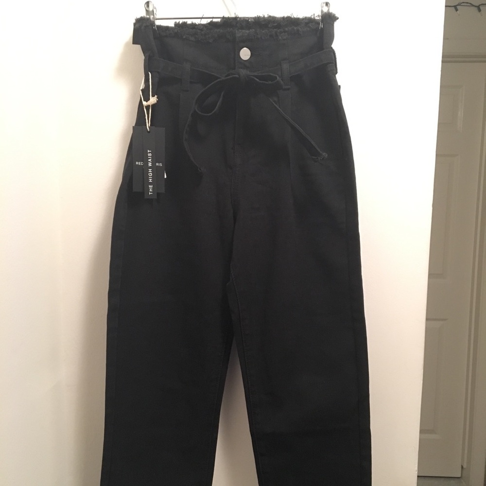 Black High-Waisted Paper Bag Belted Mom/BF Jeans